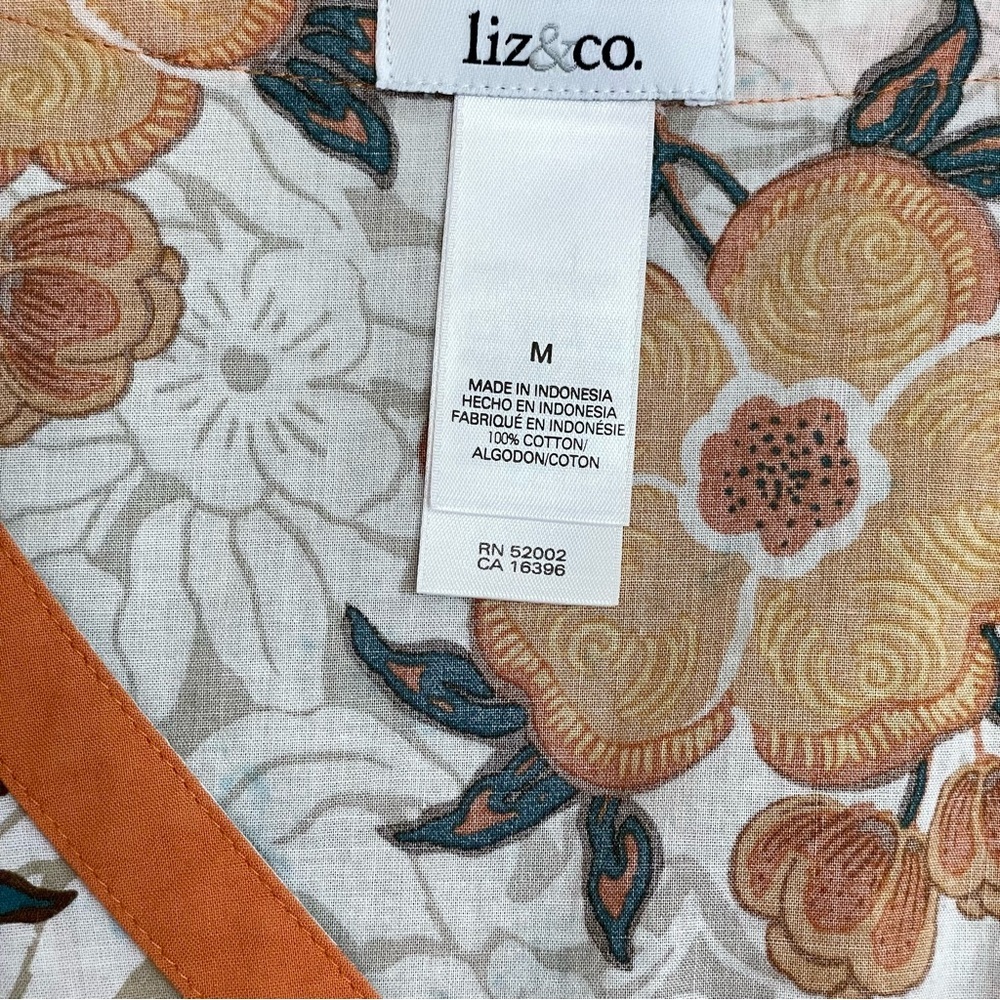 Liz & Co Vintage Cotton White & Orange Floral Button Front Peasant Blouse - Picture 5 of 10